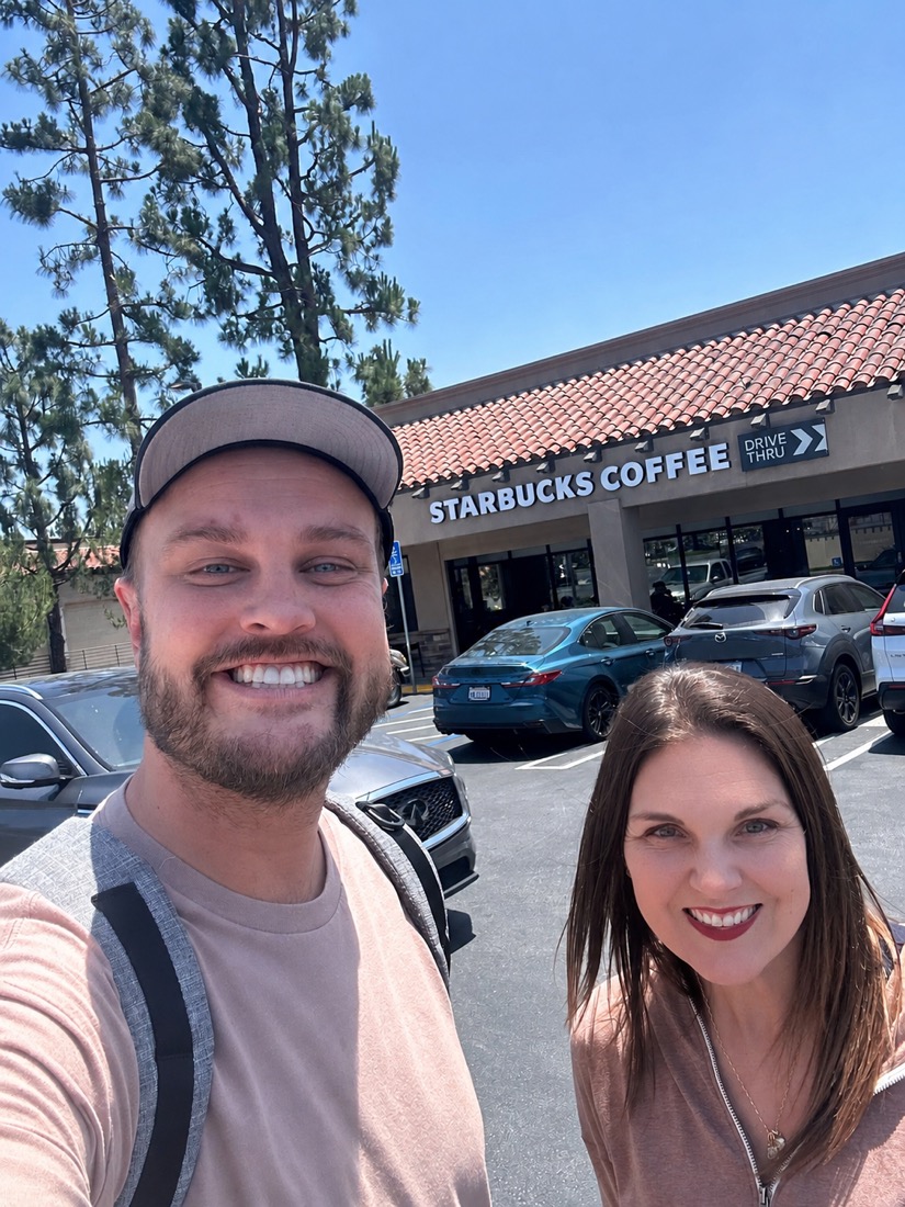 Kim and Matt outside their local Starbucks