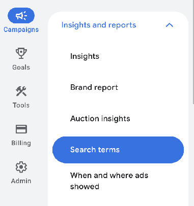 Google Ads navigation showing Campaigns, then Insights and reports, then Search terms