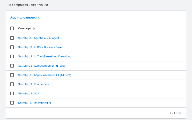 Applying a shared negative keyword list to campaigns in Google Ads