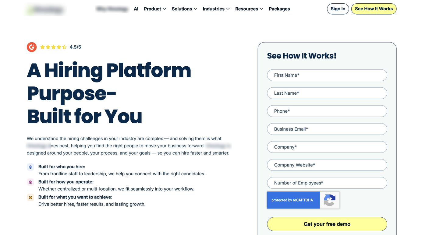 A hiring software landing page with a 'See How It Works' form requiring seven fields including phone, company website, and employee count, company branding blurred