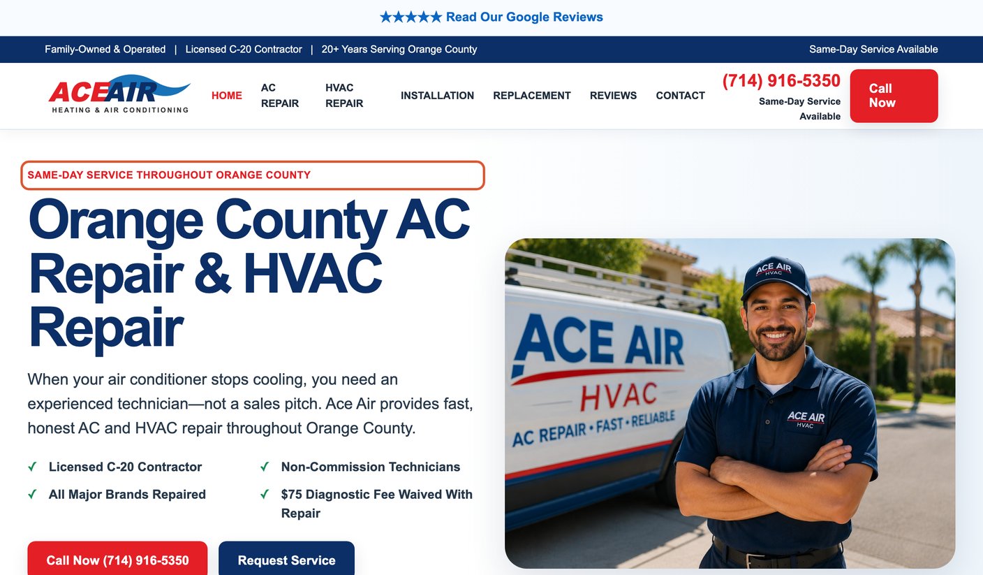 An HVAC landing page with 'Same-Day Service Throughout Orange County' highlighted above the headline 'Orange County AC Repair & HVAC Repair'