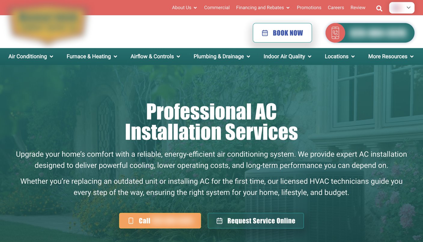 An HVAC landing page headlined 'Professional AC Installation Services' with no mention of same-day service anywhere above the fold, company branding blurred