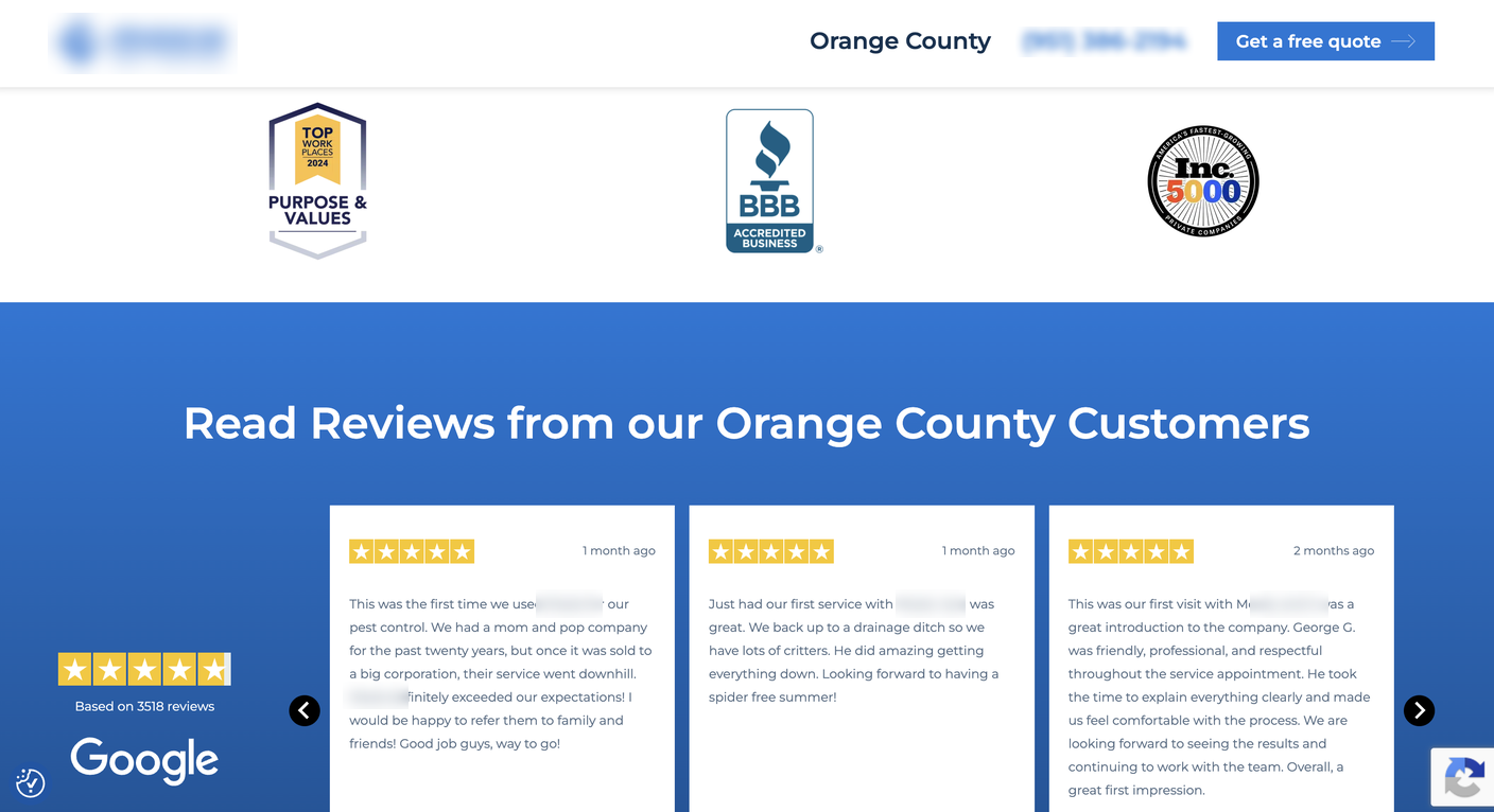 A pest control landing page section with Top Workplaces, BBB, and Inc 5000 badges above a band of Google reviews, company branding and phone number blurred