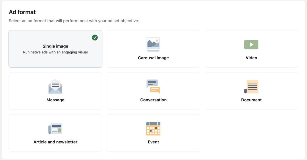 LinkedIn Campaign Manager's ad format picker showing the formats available under a Lead Gen objective