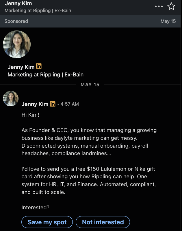 A Conversation ad from Rippling offering two response options