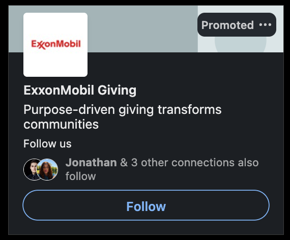 A Follower ad from ExxonMobil using social proof to encourage a follow