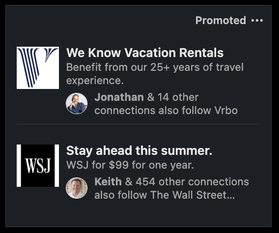 Two Text ads stacked in LinkedIn's native rail, each with just a headline and a line of copy