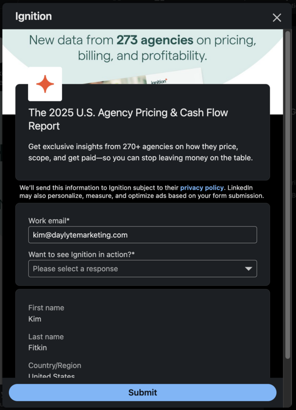 A pre-filled LinkedIn Lead Gen Form opened from a Single Image ad