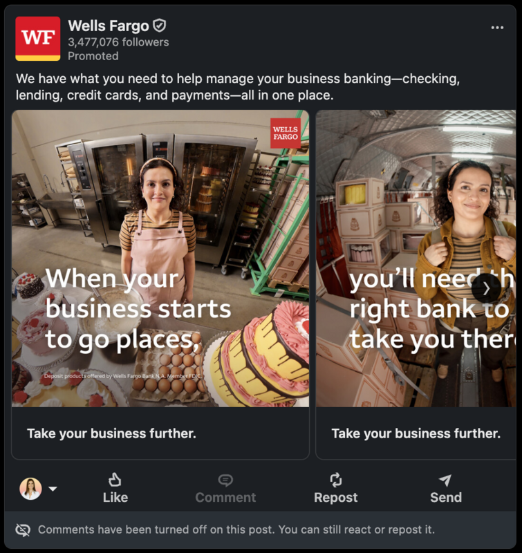 A Carousel LinkedIn ad from Wells Fargo with a sentence continuing across two cards
